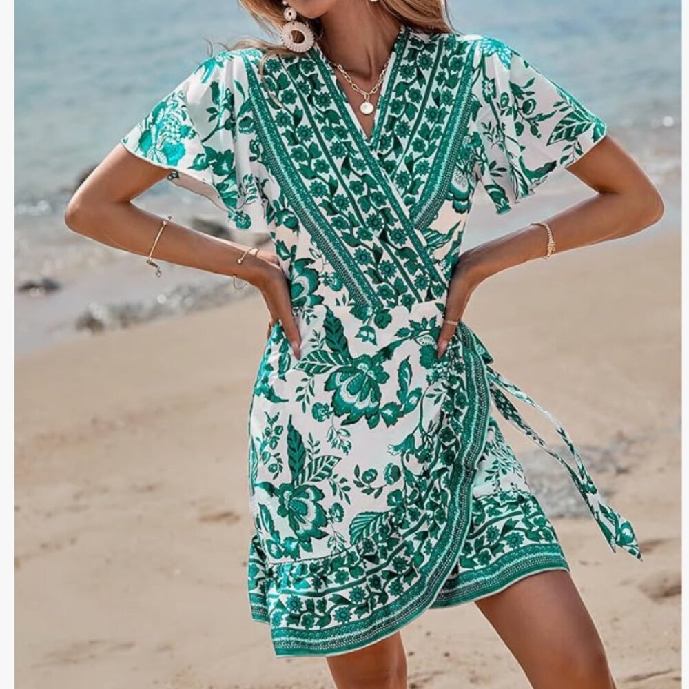 Women's Summer Casual Boho Floral Print Short Sleeve Wrap Dress | Size S